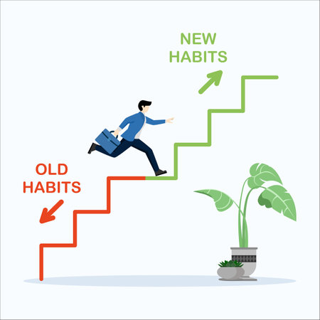 Businessman climbing ladder to new habit, Old Habit and new habit choice, Choose new direction, make choice concept. flat vector illustration on white background.のイラスト素材