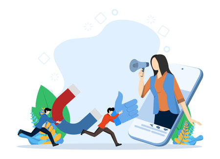 Social Media Influencer Concept, Showing people liking and reacting to social media profiles on smartphone, UI, web, app intro card, editorial, flyer, and bannerのイラスト素材