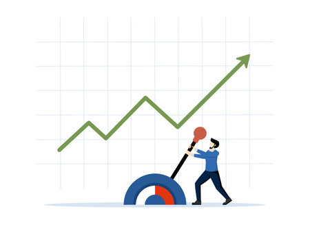 Control stock market and investment portfolio. Changing the direction of the business towards the goal of success. Businessman with big lever to control arrow diagram. flat vectorのイラスト素材