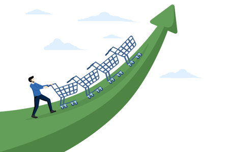 marketing strategy concept, Increase sales or profit, growth in purchasing power or consumers spend more money, businessman sales manager pushing shopping cart trolley role arrow.のイラスト素材
