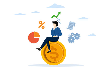 Money question, where to invest, pay off debt or invest for profit, concept of financial choice or alternative for making a decision. businessman sitting on coin and thinking aboutのイラスト素材
