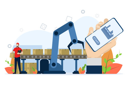 Mobile is connected to the industry. Industry 4.0 factory work robot arm. Intelligent industrial revolution. automatic production. industrial concept using robots. Futuristicのイラスト素材