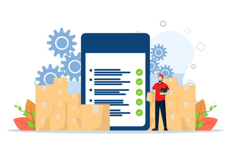 The warehouse manager maintains shipment records. Inventory accuracy. Control goods in and out of the warehouse. ensure goods quality control, Flat Vector Illustrationのイラスト素材