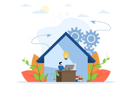 people working from home on internet online, creative space, freelancer working on laptop vector, hybrid worker who can work from home or to office. flat vector illustrationのイラスト素材