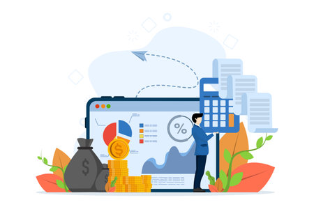 Accounting and finance expert. Budget income. Accounting profit is calculated by taking costs out of revenue. Business accountant with calculator. flat vector illustration.のイラスト素材