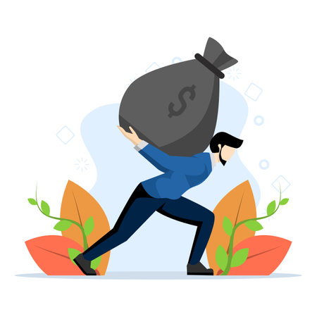 A businessman is struggling to carry a large bag of cash with a dollar sign on his back. financial success, saving money. Modern character. Flat vector illustrationのイラスト素材