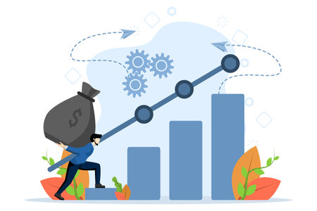 businessman climbing a chart with a bag of money on his back. Investment, savings, income and financial goals concept. Modern vector illustration on white background.のイラスト素材