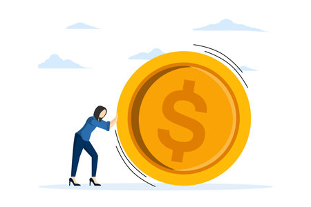 Positive businesswoman rolling a huge gold dollar coin. Earn, save and invest money concept. Flat vector illustration on white background.のイラスト素材