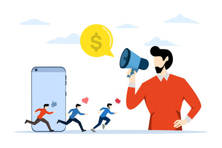 Affiliate Marketing Referral Concept, Showing a screaming person with a megaphone, Suitable for landing page, UI, web, app intro card and more. Flat Vector illustration.のイラスト素材