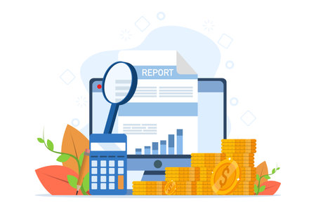 financial report concept. Accounting, analysis, auditing, research, results. computer with charts and graphs on screen, reports, targets, magnifying glass.のイラスト素材