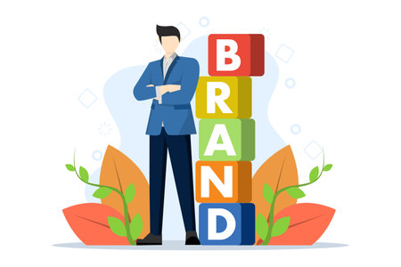 characters make the word BRAND from cubes. Personal brand concept, journalism, advertising, online advertising, public relations, recognizable branding in flat design. flat vectorのイラスト素材