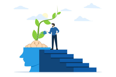 businessman Watering plants with big brain growth mindset concept. A positive attitude to learn new knowledge enhances creativity for business problems. flat vector illustration.のイラスト素材