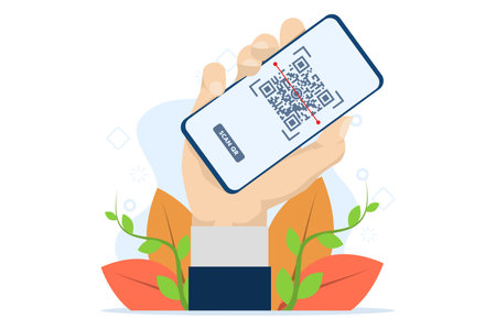 electronic payment, QR verification, Person holding phone with QR sign. User scans QR code with...