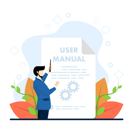 male character and user manual. Instruction guide for reading and writing managers. Customer guide concept, useful information, technical document. Vector illustrationのイラスト素材