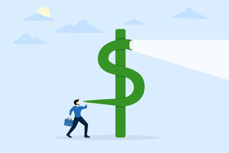 Financial vision or investment opportunity discovery, economic or stock market prediction, inflation or interest rate forecast, savvy businessman looks at the dollar sign telescopeのイラスト素材