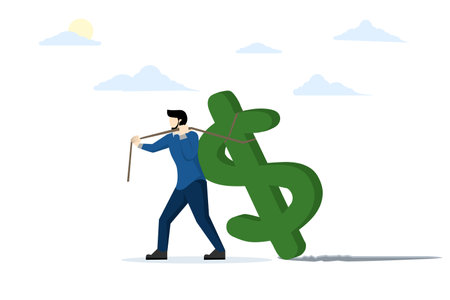 Concept of working hard for money, trying to get more salary or investment gain, tax burden or financial problems and difficulties, overworked businessman dragging big dollar signのイラスト素材