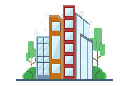 city buildings, flat design of modern buildings. Modern city buildings and houses flat vector icons. Minimalist buildings, skyscrapers. colorful cottage buildings, cafe houses.のイラスト素材