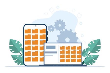 File management concept, Data storage, Folders, documents and media content, search or save files on smartphone or laptop, Modern flat cartoon style, Vector illustrationのイラスト素材