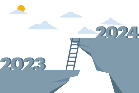 concept of ambition to jump the gap from the old year 2023 to 2024, 2024 for business success, year...