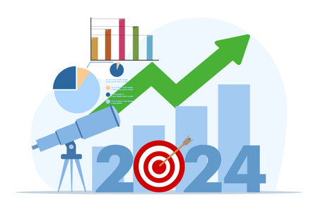 Concept of business prospects in 2024, future estimates or plans, future success, new year goals or achievements, company targets or hopes, binoculars looking at 2024のイラスト素材