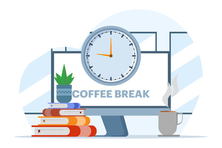 concept of coffee break, work break, health benefits of body, mind and emotions, thought process, start and idea search vector, flat vector illustration on white background.のイラスト素材