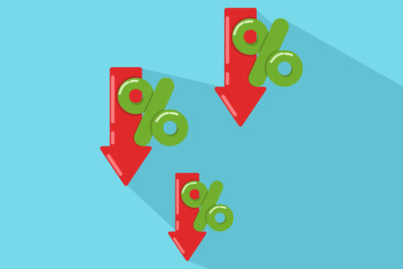 Percent down arrow concept. Percentage, arrow, subtraction. banking. It can be used for topics like investment, finance. Replaceable vector design.のイラスト素材