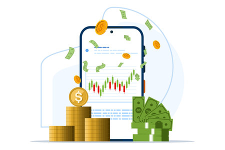 stock trading concept with laptop or computer vector illustration. Web banner template for trading company graphic design. Financial charts for buying and selling for stock exchangのイラスト素材
