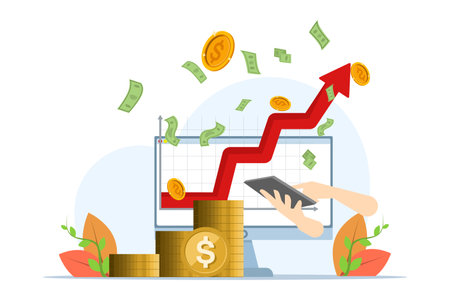 Success, profit, investment growth concept, computer with graph to money and success, laptop and up arrow graph, Stairs to success, Trendy flat style, flat vector illustrationのイラスト素材