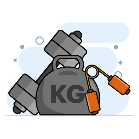 Healthy Sport Concept, Dumbbell, Apple and Bottle Cartoon Icon Illustration. sports exercises, training equipment, time for fitness exercise and healthy lifestyle, flat vectorのイラスト素材