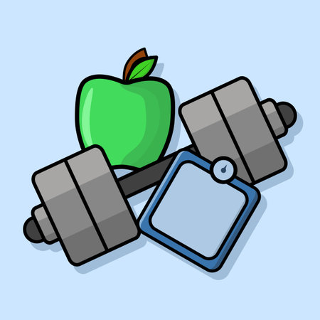 Healthy Sport Concept, Dumbbell, Apple and Bottle Cartoon Icon Illustration. sports exercises, training equipment, time for fitness exercise and healthy lifestyle, flat vectorのイラスト素材