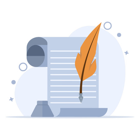 Quill Writing Concept On Object Icon. Isolated Premium Vector Paper Education. a quill pen in an educational scene with writing. Writer sign, theater icon. Icon elements.のイラスト素材