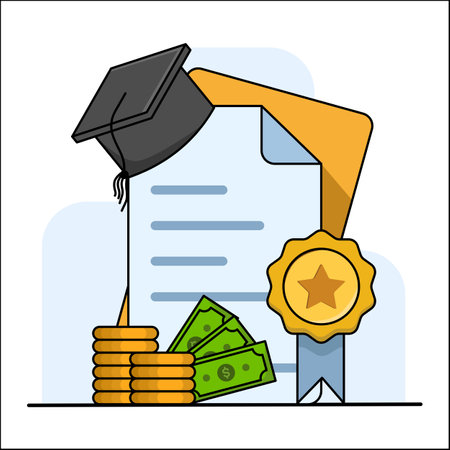 Scholarship, Certificate, Badge and Money Cartoon Concept. Completion certificate. Certificates of achievement, education, awards, scholarships, bachelor degrees, diplomas.のイラスト素材