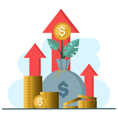 Business investment concept in flat style. Money, coins, profits, graph icons are suitable for many purposes. Investment Statistics With Money. Growth Investment Financingのイラスト素材