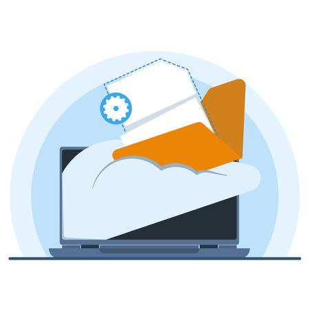 Cloud computing concept. Flat vector icon of vector cloud service, sharing videos and images online, backing up files to cloud storage from laptop. cloud computing securityのイラスト素材