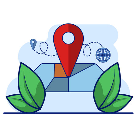 Navigation map concept. Map pin location icon. Detailed map and navigation, Red Locator Mark on map and location pin or GPS navigation icon sign, creative search symbol in cartoonのイラスト素材