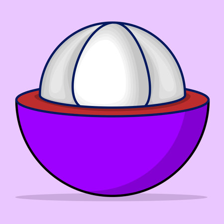 Mangosteen Fruit concept, cartoon illustration of Mangosteen Fruit, half cut flat design of Mangosteen Fruit, summer tropical fruit for healthy lifestyle. White Mangosteen isolatedのイラスト素材