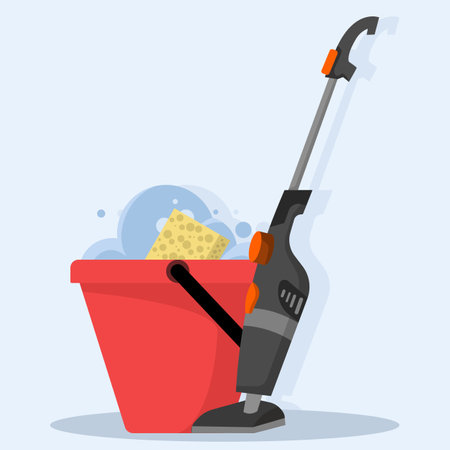 Concept of Tools for cleaning and housework. Vacuum cleaner, floor sweeping brush, dustpan, bucket filled with water and soap suds. Cute flat style vector illustration.のイラスト素材