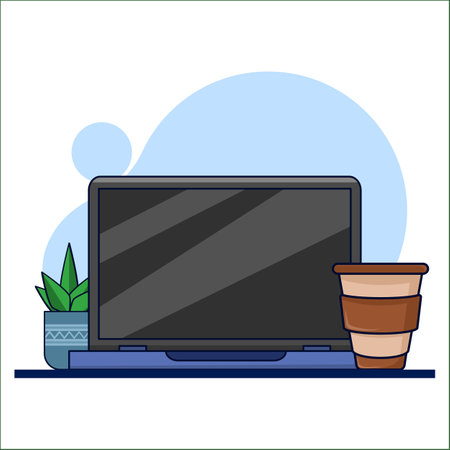 Laptop concept with coffee cup and potted plant illustration. work set with laptop and coffee. the arrangement is neat and comfortable. works with llaptop and coffee. flat vectorのイラスト素材