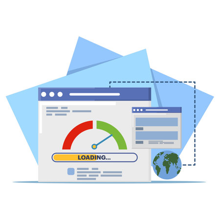 pc load time speedometer software tool concept for download score. Website internet page loading speed or seo optimization laptop computer website performance test checkのイラスト素材