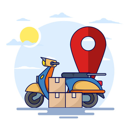 Delivery Concept. Scooter with Box or package and Location Mark. Package delivery. Box. E-commerce template, fast delivery service, package delivery. flat vector illustrationのイラスト素材