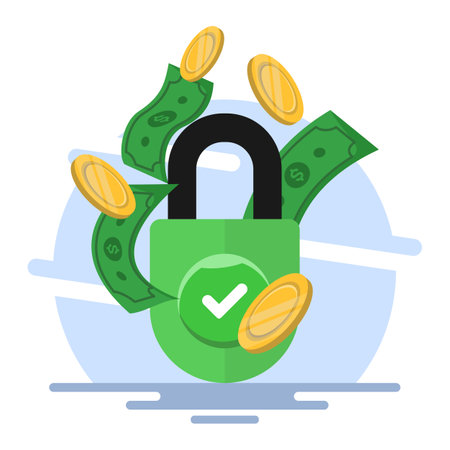 protect money safely concept, money account locked or blocked via padlock key access icon vector flat illustration, financial symbol closed or withheld, safe cash protection idea.のイラスト素材