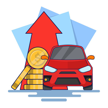 Concept of Saving coins or money to buy a car, concept of buying property. Save money on car asset property for business finance marketing. Flat vector illustration on background.のイラスト素材