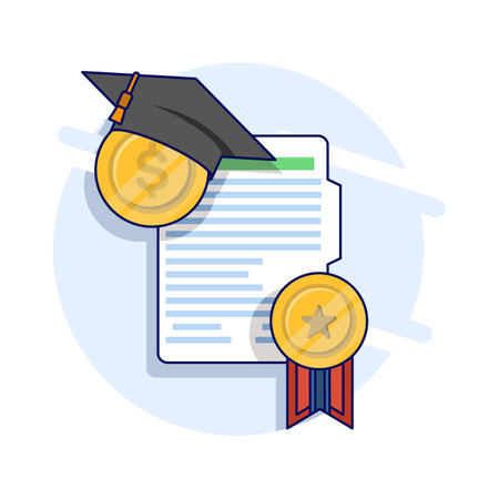 scholarship concept. graduation cap, coins and graduation letter cartoon vector illustration design. Educational achievement, learning, scholarship, educationのイラスト素材