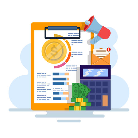 Online marketing budget concept, marketing revenue, investment flat vector with icons, Financial investment, Investment in innovation, marketing, analysis. flat vector illustrationのイラスト素材