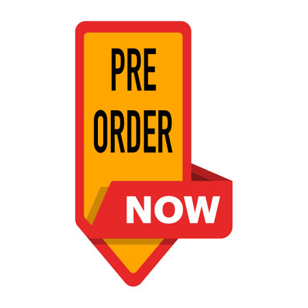 Preorder now concept, yellow red preorder now label clipart, Stock promotion ready for pre-order now. New product items available with best price and discount vector illustration.のイラスト素材