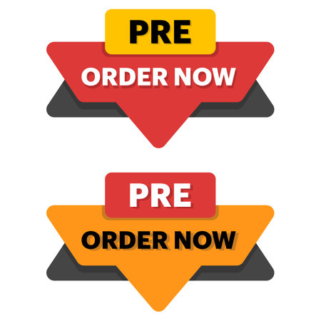 Preorder now concept, yellow red preorder now label clipart, Stock promotion ready for pre-order now. New product items available with best price and discount vector illustration.のイラスト素材