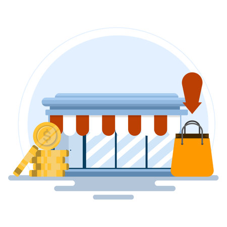 Shop concept. Shop icon, flat design of shop front view with shopping bags and money. money, shopping bags. grocery store, supermarket with different foodstuffs.のイラスト素材