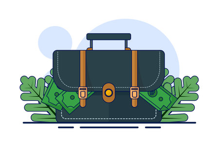 Business Bag Full of Money. Suitcase With Money Flat Icon. a large suitcase full of cash Symbol of wealth. Business success, Money Bag Icon. Flat vector illustration on background.のイラスト素材
