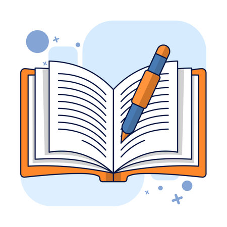 School Object Concept. Open Book and Pencil. Open book vector icon. top view of notebook, hard cover diary paper, pencil. Educational objects, magazine articles, dictionary pages.のイラスト素材