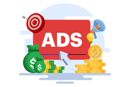 concept of Pay per click, PPC, paid advertising campaign displays ads on websites that generate revenue for publishers, Advertising or advertising, Promoting a brand to an audienceのイラスト素材